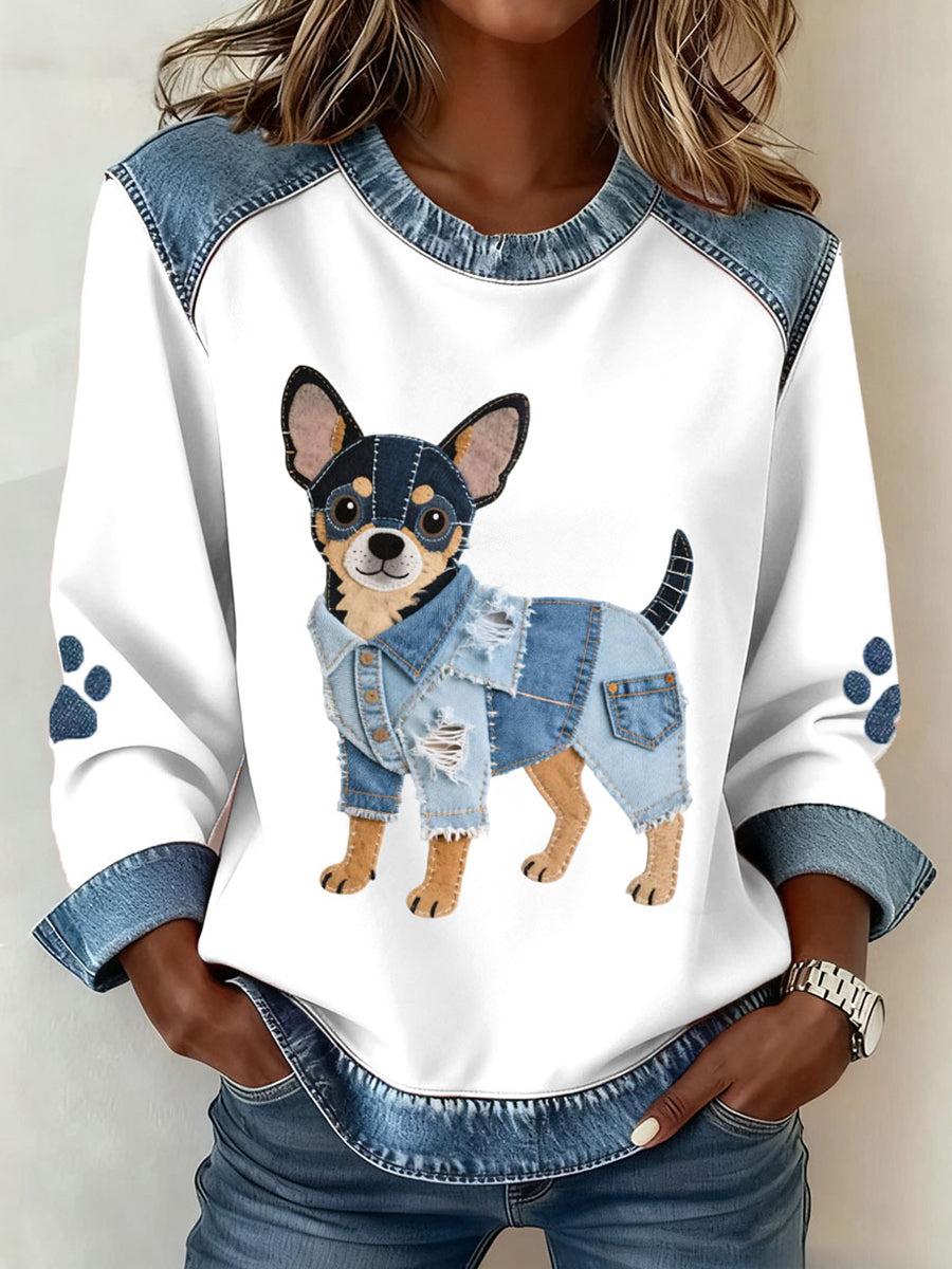 Vacation Light Blue Round Neck Long Sleeve Contrast Vintage Denim Blouses