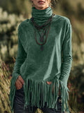 sheenchic Boho Green Suede High Neck Long Sleeve Fringe Hem Top