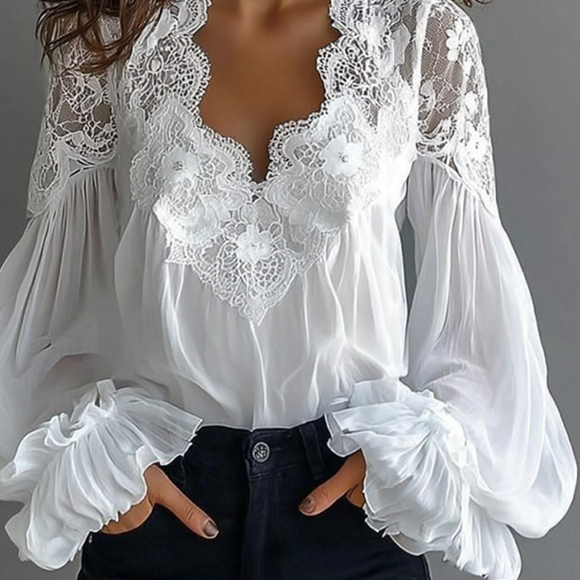 sheenchic Lace Floral Scallop Neck Lantern Sleeve Ruffled Cuff Blouse