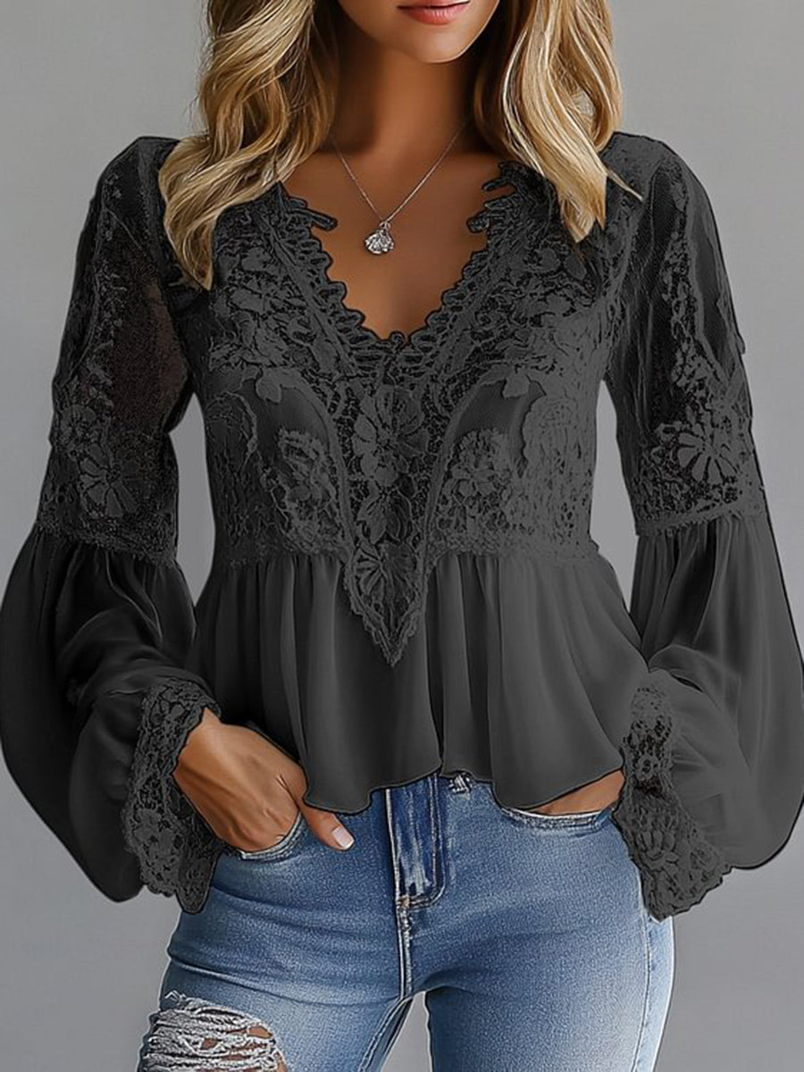 sheenchic Lace Floral Hollow Out V Neck Lantern Sleeve Blouse