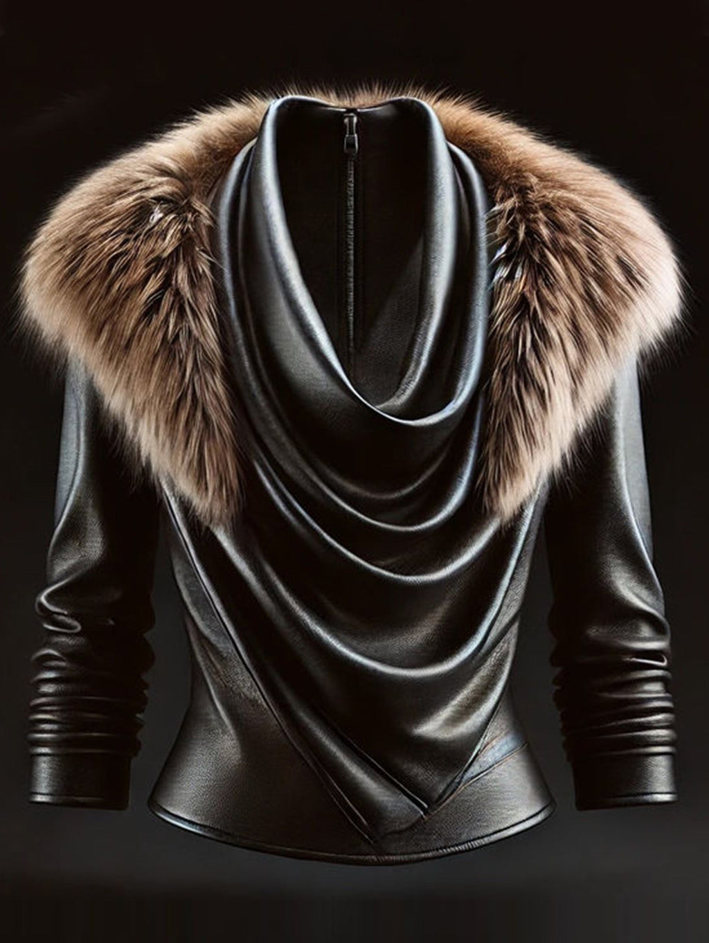 sheenchic Plush Trim Cowl Neck Long Sleeve PU Leather Blouse