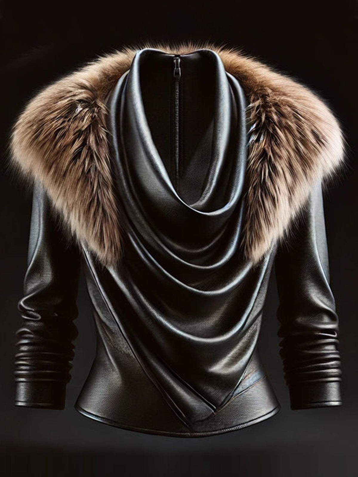 sheenchic Plush Trim Cowl Neck Long Sleeve PU Leather Blouse