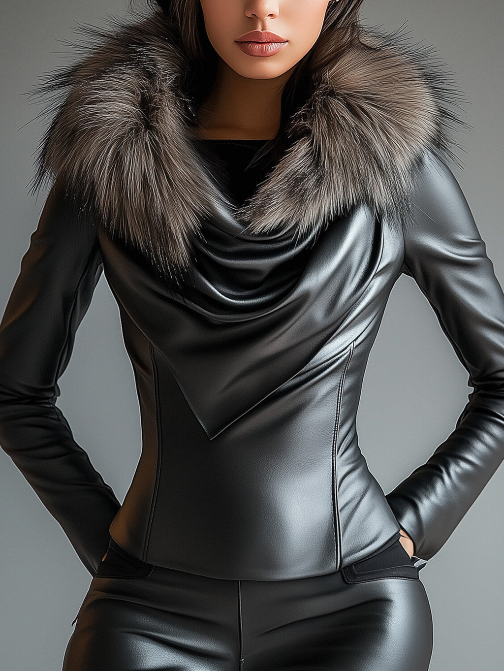 sheenchic Plush Trim Cowl Neck Long Sleeve PU Leather Blouse