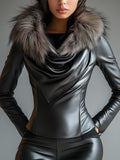 sheenchic Plush Trim Cowl Neck Long Sleeve PU Leather Blouse