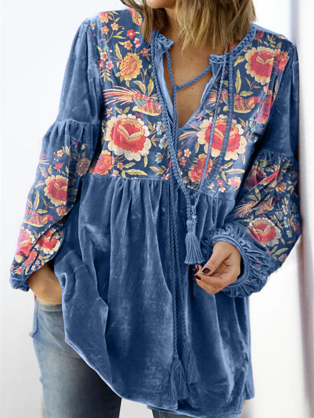 sheenchic V Neck Tie Front Gathered Floral Top
