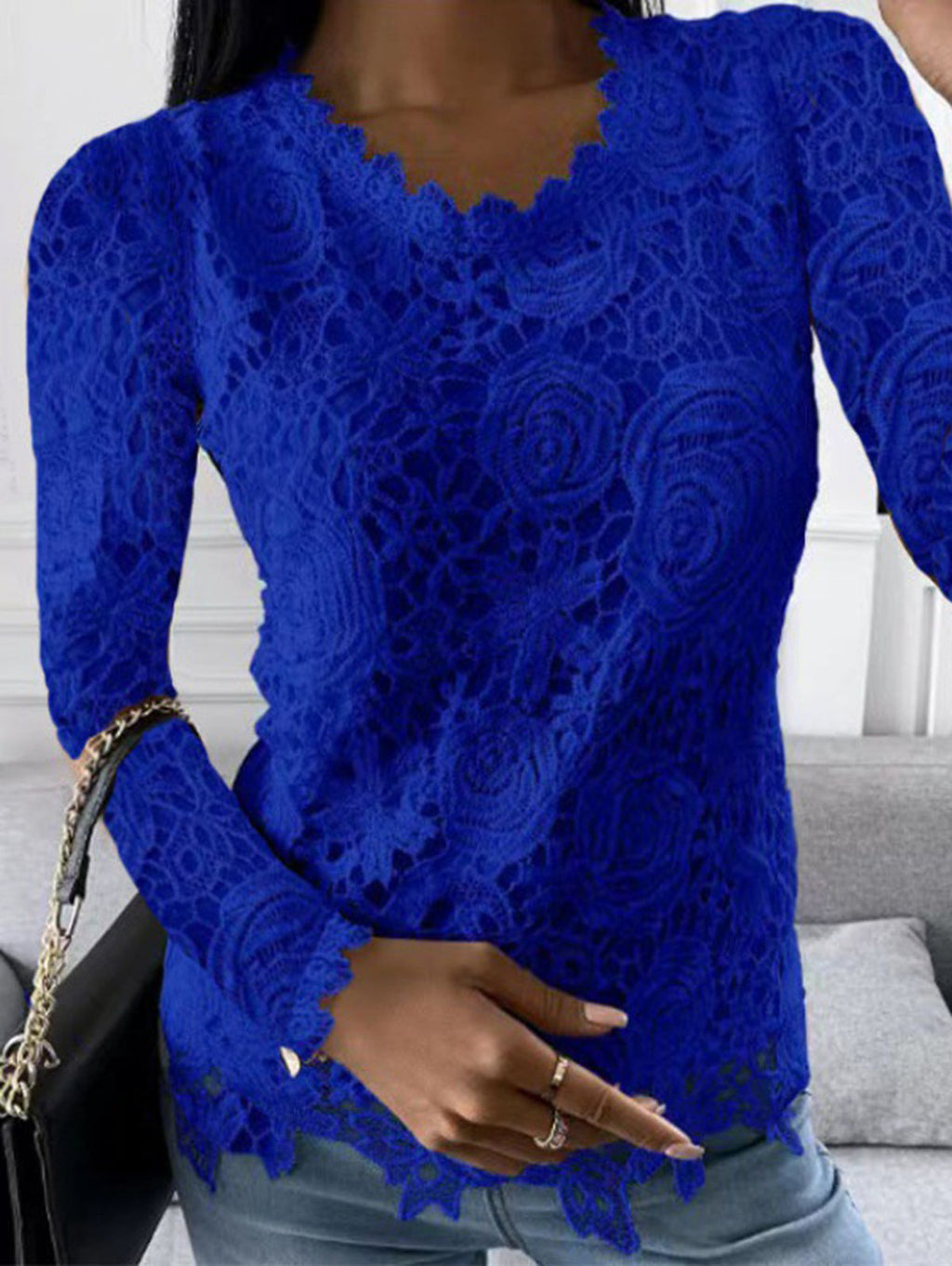 Casual Lace Patchwork Floral Crew Neck Long Sleeve Blouse