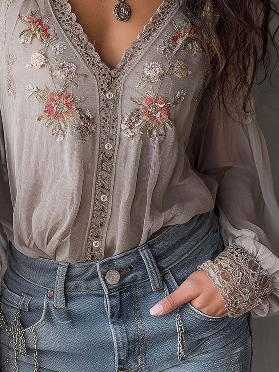 sheenchic Vacation Lace Grey Floral V Neck Long Sleeve See Through Boho Contrast Tulle Blouses [Pre-Order]
