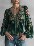 sheenchic Dark Green Velvet Floral Print Lace-Up V Neck Lantern Sleeve Blouse