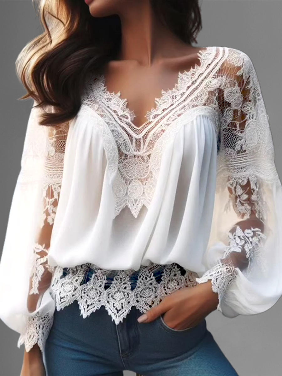 Lace Hollow Out V Neck Lantern Sleeve Irregular Hem Blouse