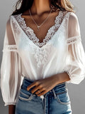 Casual See-Through Puff Sleeve Lace V Neck Blouse