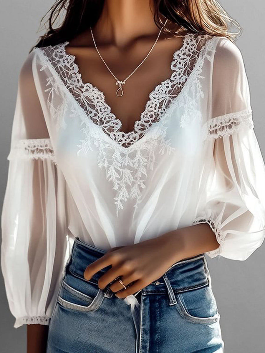 Casual See-Through Puff Sleeve Lace V Neck Blouse