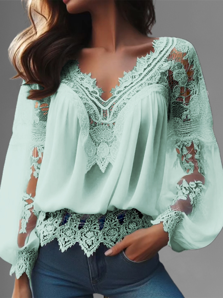 Lace Hollow Out V Neck Lantern Sleeve Irregular Hem Blouse
