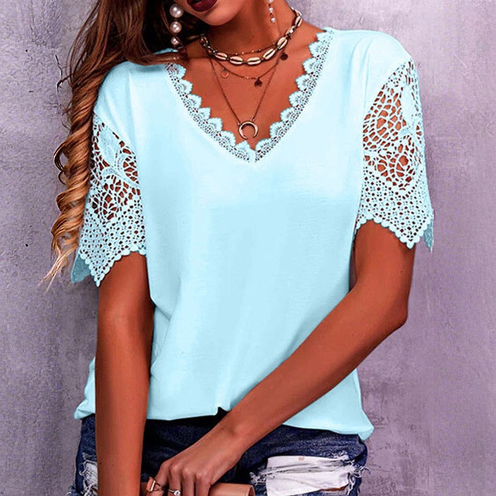 Casual V Neck Asymmetrical Guipure Lace Short Sleeve Blouse