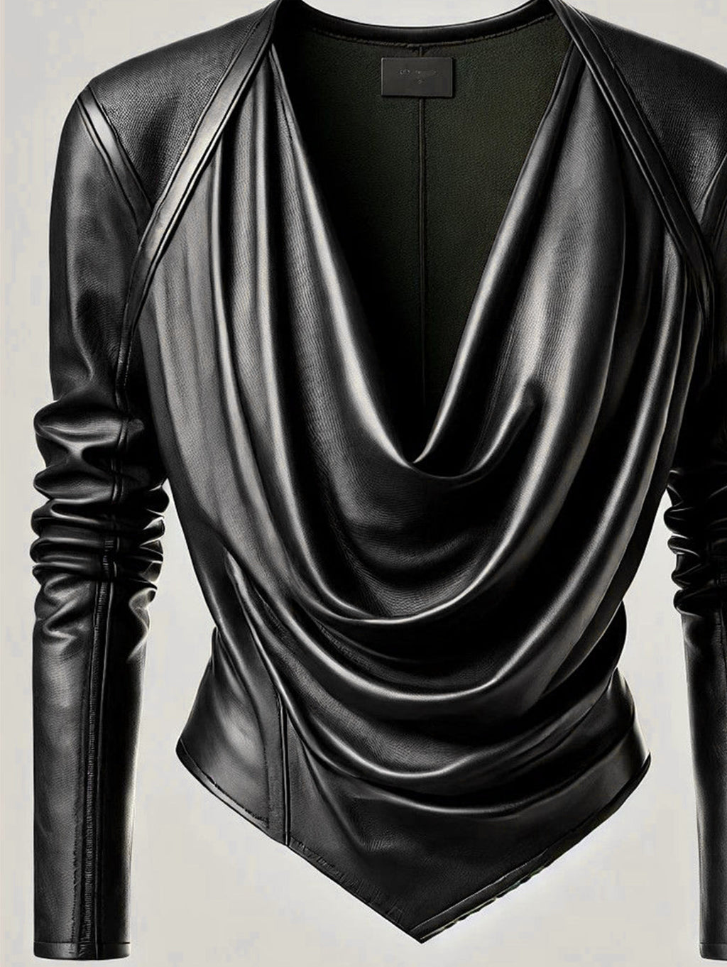 sheenchic Cowl V Neck PU Leather Long Sleeve Blouse