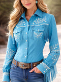 sheenchic Festival Blue Floral Shirt Collar Long Sleeve Strappy Western Contrast Blouses [Pre-Order]