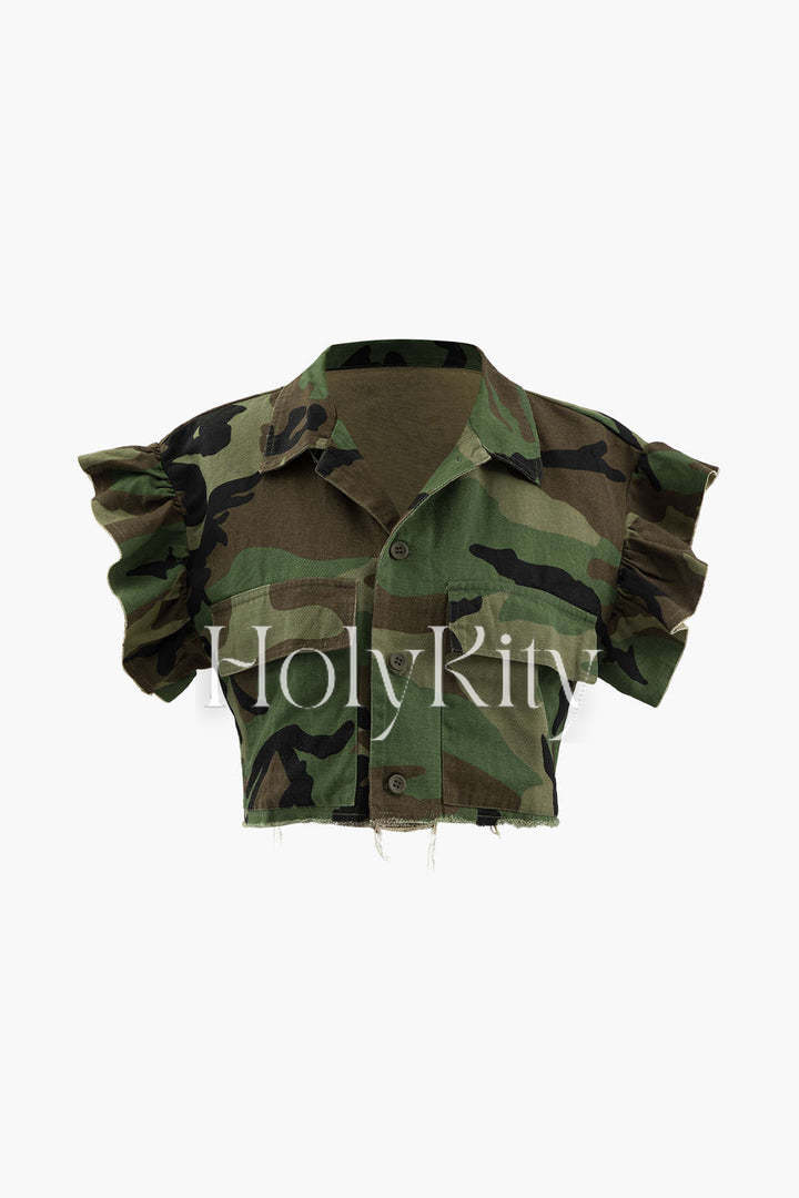 Camo Ruffle Sleeve Crop Shirt