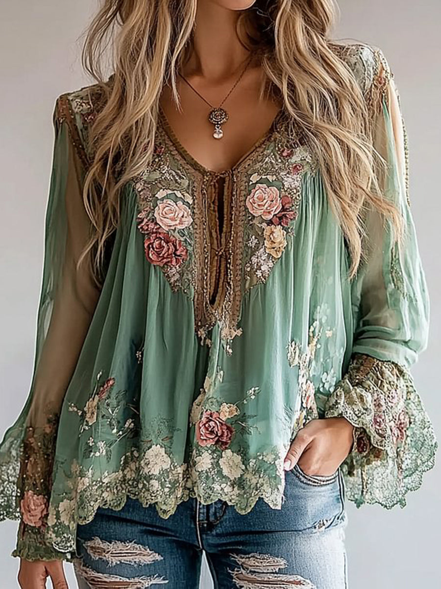 sheenchic V Neck Long Sleeve Floral Pattern Asymmetrical Hem Blouse