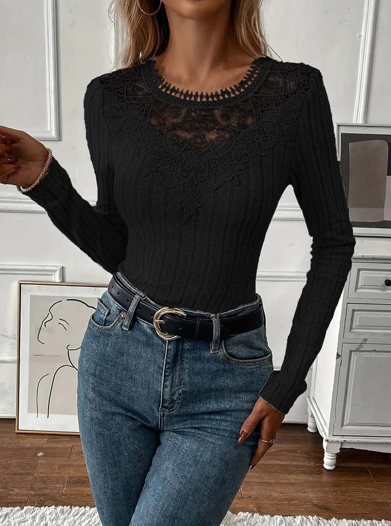 Valentines Grey Round Neck Long Sleeve Cut Out Casual Contrast Lace Blouses