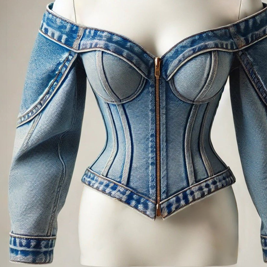 sheenchic Denim Off The Shoulder Zip Up Long Sleeve Blouse