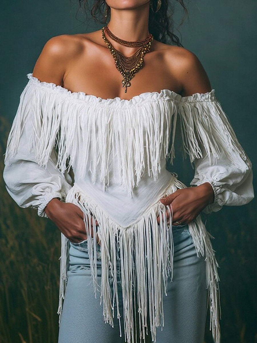 sheenchic Ruffle Off Shoulder Irregular Fringe Lantern Sleeve Blouse
