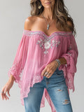 sheenchic Floral Pattern Off Shoulder Long Sleeve Lace Asymmetrical Blouse