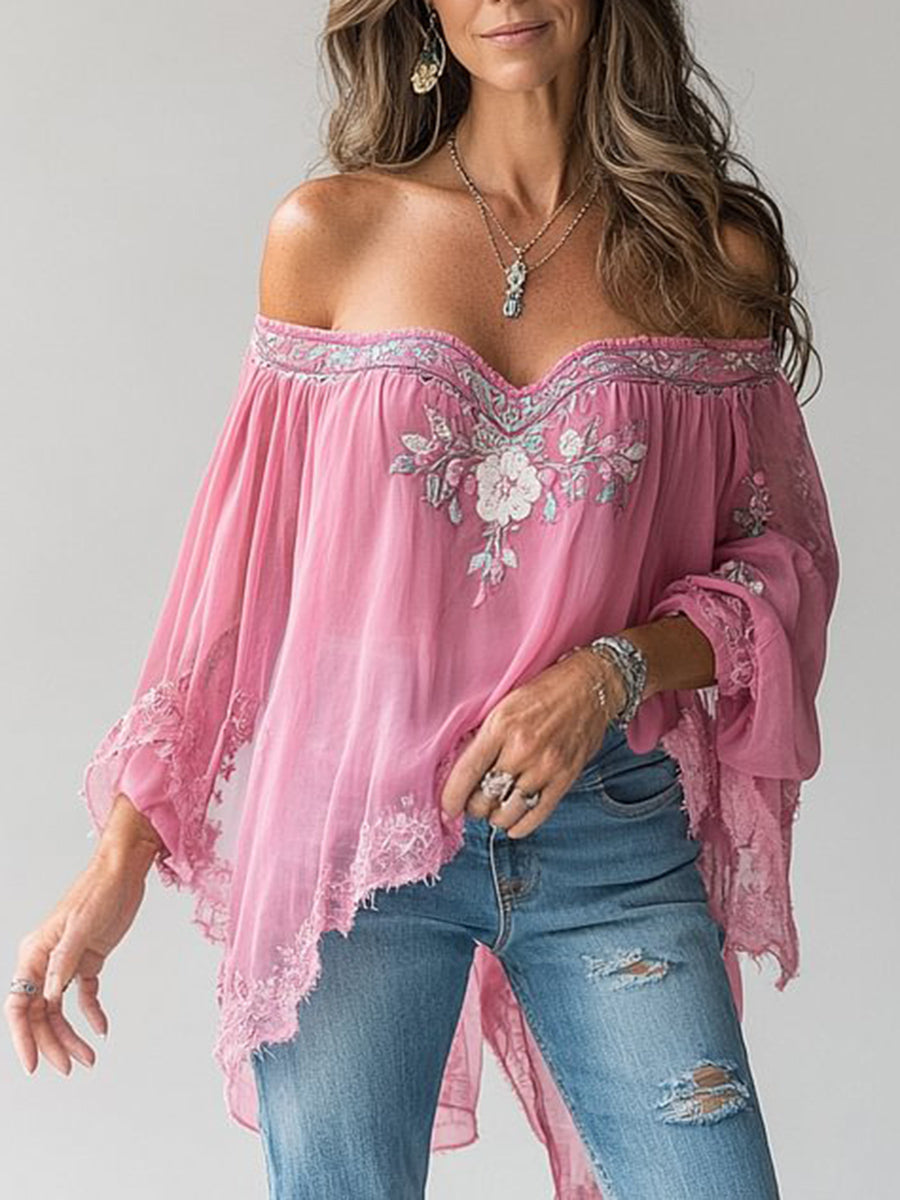sheenchic Floral Pattern Off Shoulder Long Sleeve Lace Asymmetrical Blouse
