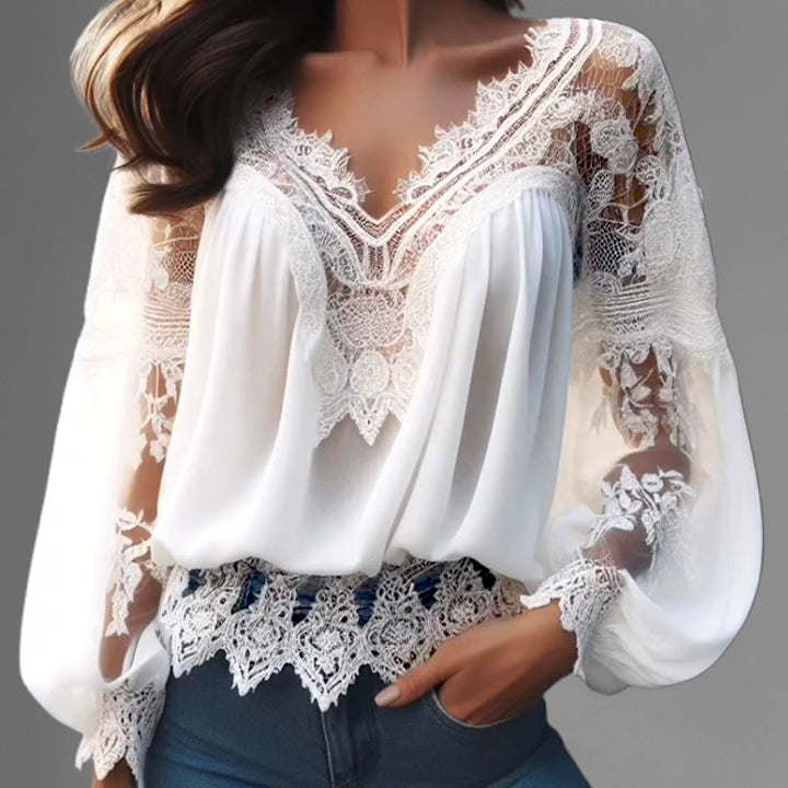 Lace Hollow Out V Neck Lantern Sleeve Irregular Hem Blouse