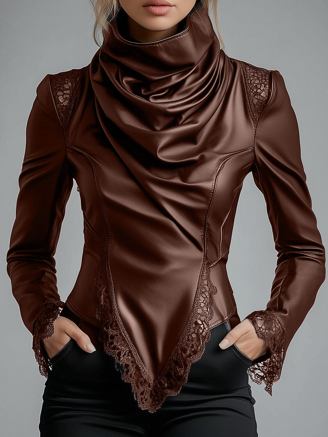 sheenchic High Neck Lace Trim Long Sleeve PU Leather Blouse
