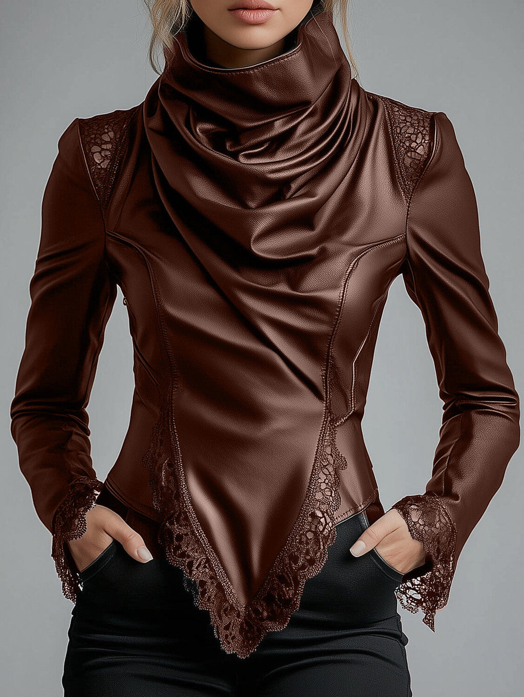 sheenchic High Neck Lace Trim Long Sleeve PU Leather Blouse