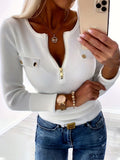 Casual White Ribbed Knit Half-Zip Button Decor Long Sleeve Top