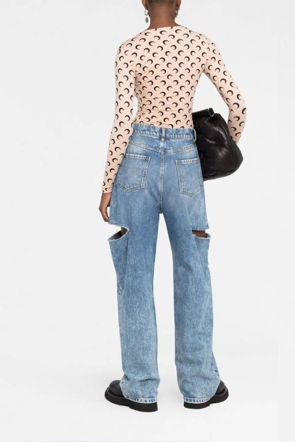 Crescent Moon Print Slim-Fit Long Sleeve Top