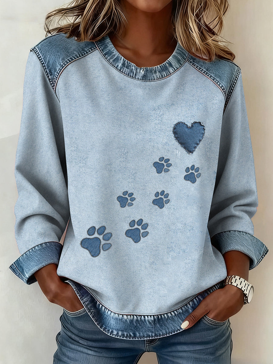 Vacation Light Blue Round Neck Long Sleeve Contrast Vintage Denim Blouses