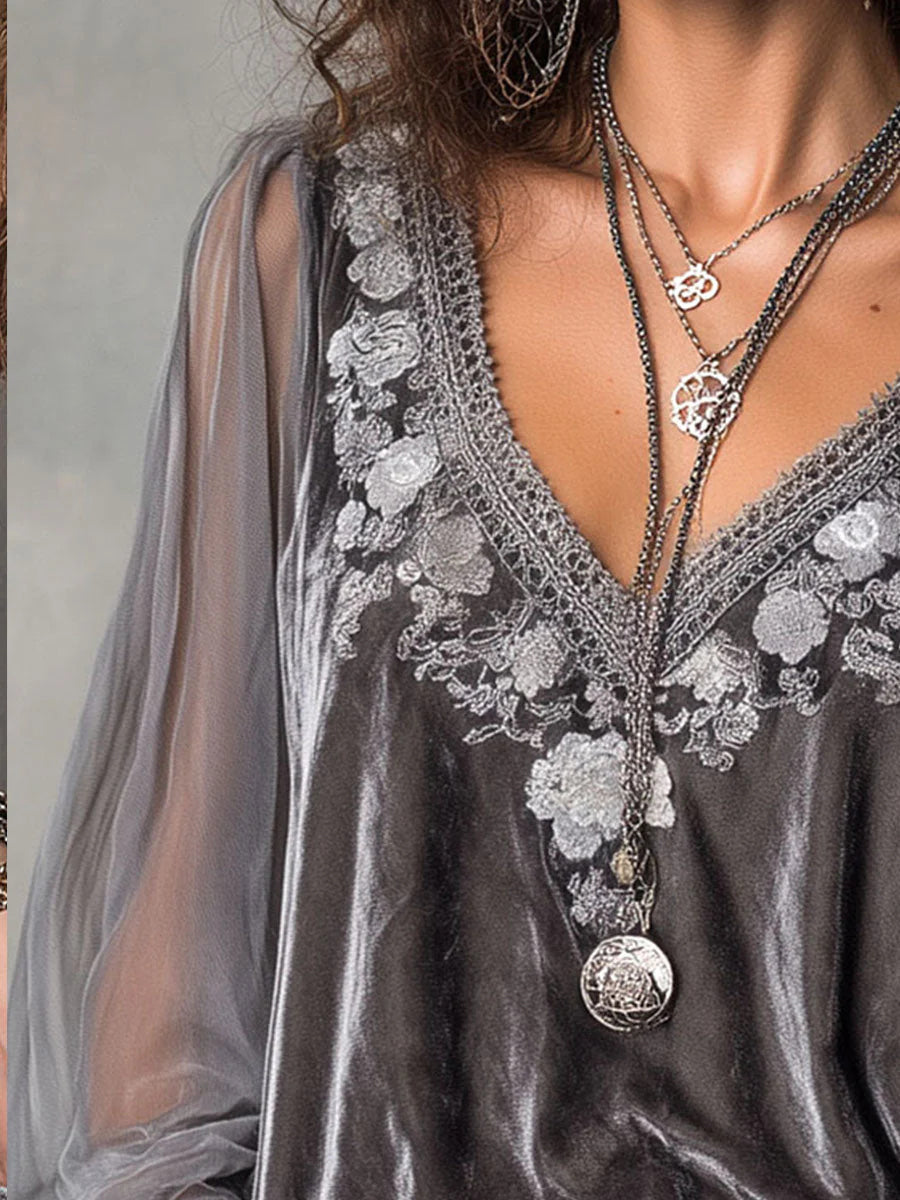 sheenchic Daily Chiffon Grey V Neck Long Sleeve Appliques Elegant See Through Velvet Blouses