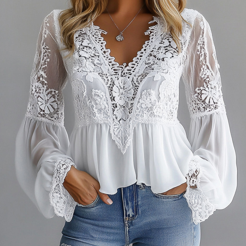 sheenchic Lace Floral Hollow Out V Neck Lantern Sleeve Blouse