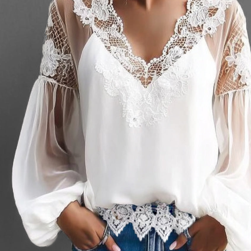 sheenchic Hollow Lace V Neck Lantern Sleeve Blouse