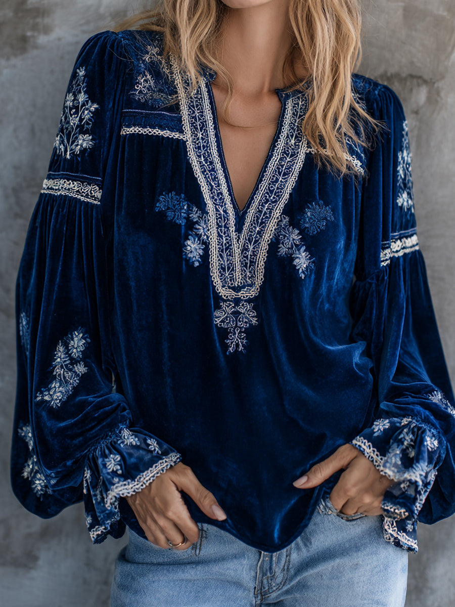 sheenchic Navy Blue Velvet V Neck Lantern Sleeve Floral Blouse