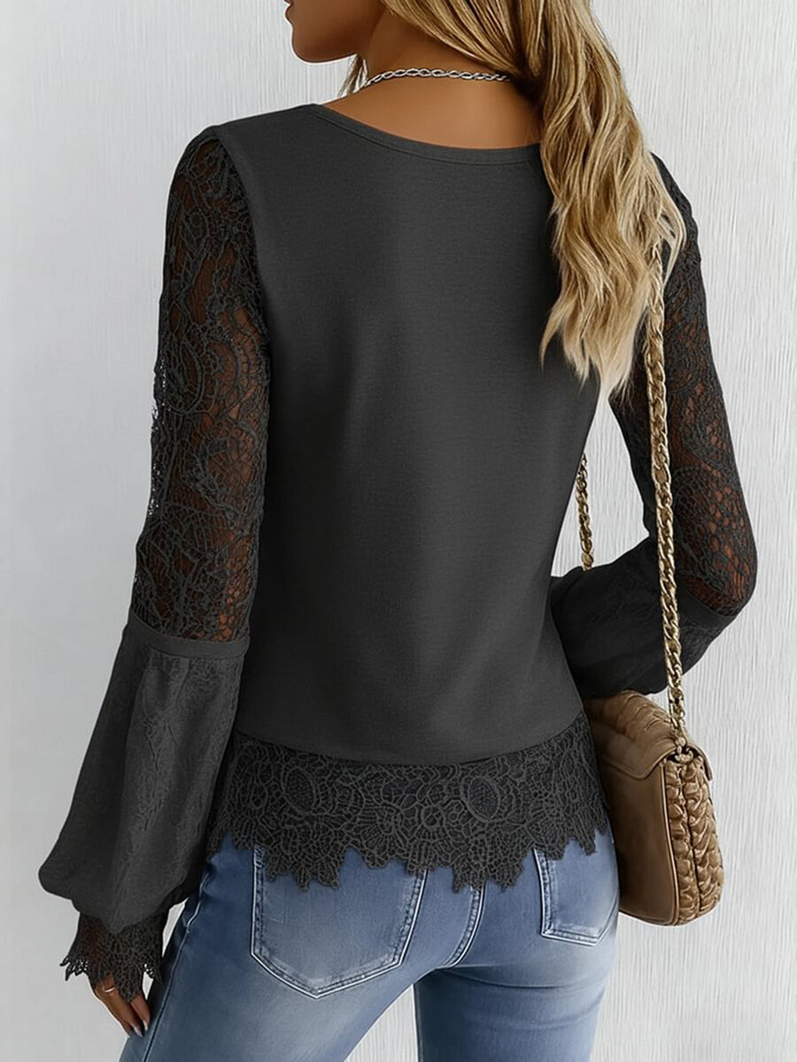 sheenchic Sheer Lace Patchwork V Neck Lantern Sleeve Blouse