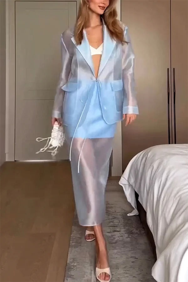 Simple and Light See-through Fabric Tie-up Long Sleeve Pocket Lapel Blazer