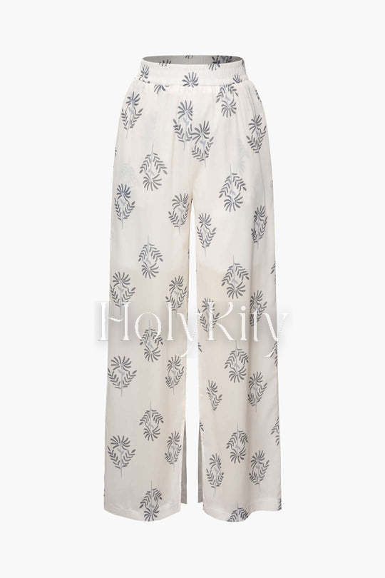 Printed V-neck Knot Front Blouse And Slit Hem Pants