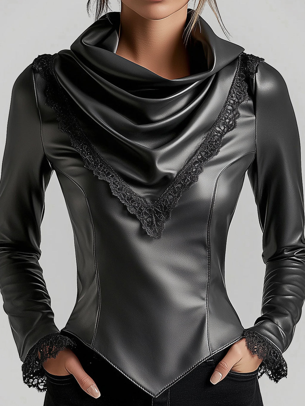 sheenchic Cowl Neck Lace Trim Long Sleeve PU Leather Blouse
