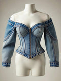 sheenchic Denim Off The Shoulder Zip Up Long Sleeve Blouse