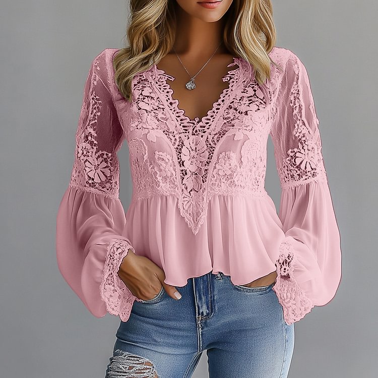 sheenchic Lace Floral Hollow Out V Neck Lantern Sleeve Blouse