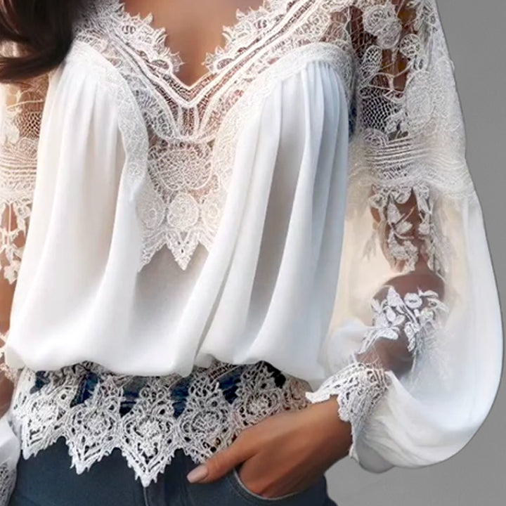Lace Hollow Out V Neck Lantern Sleeve Irregular Hem Blouse
