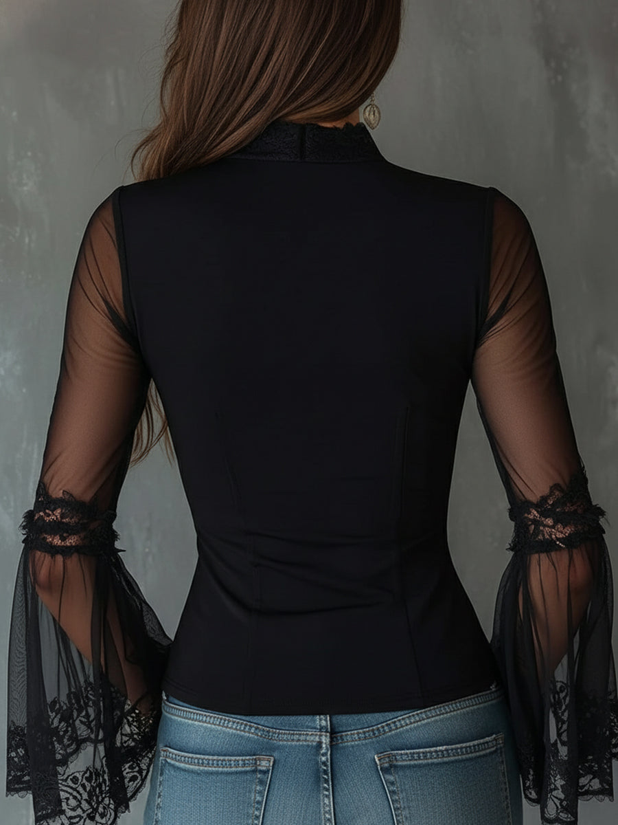 sheenchic Daily Black Round Neck Long Sleeve See Through Vintage Zipper Tulle Blouses
