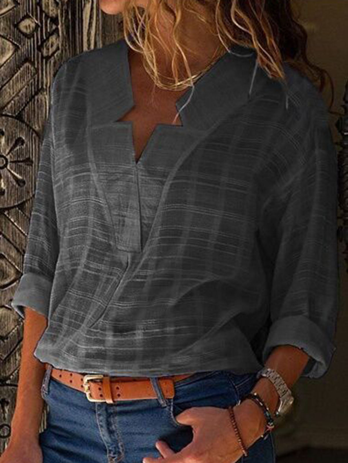 V Neck Long Sleeve Solid Color Shirts