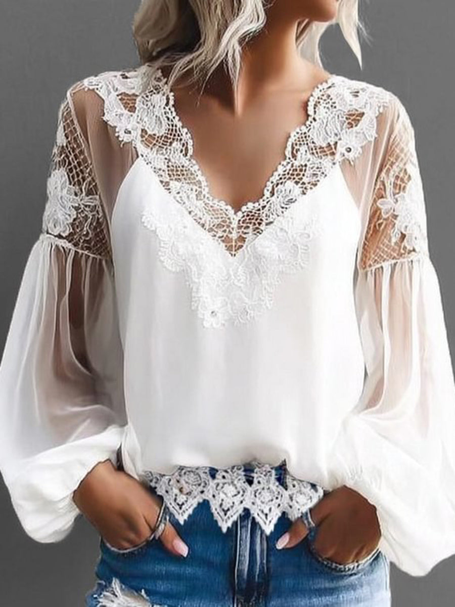 sheenchic Hollow Lace V Neck Lantern Sleeve Blouse