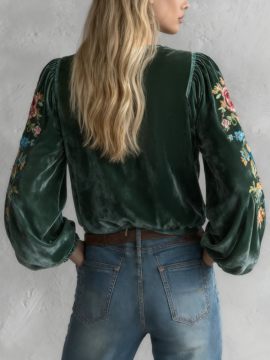 sheenchic Dark Green Velvet Floral Print Lace-Up V Neck Lantern Sleeve Blouse