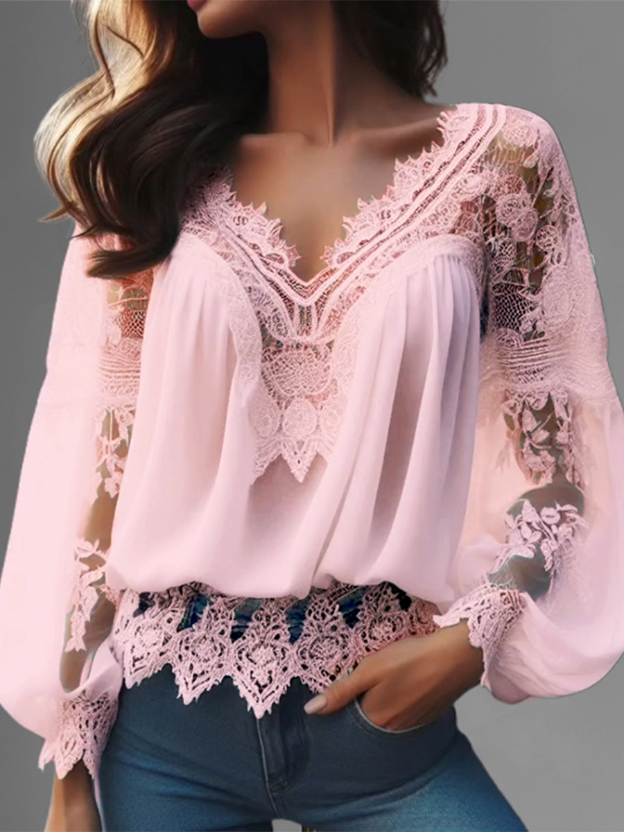 Lace Hollow Out V Neck Lantern Sleeve Irregular Hem Blouse
