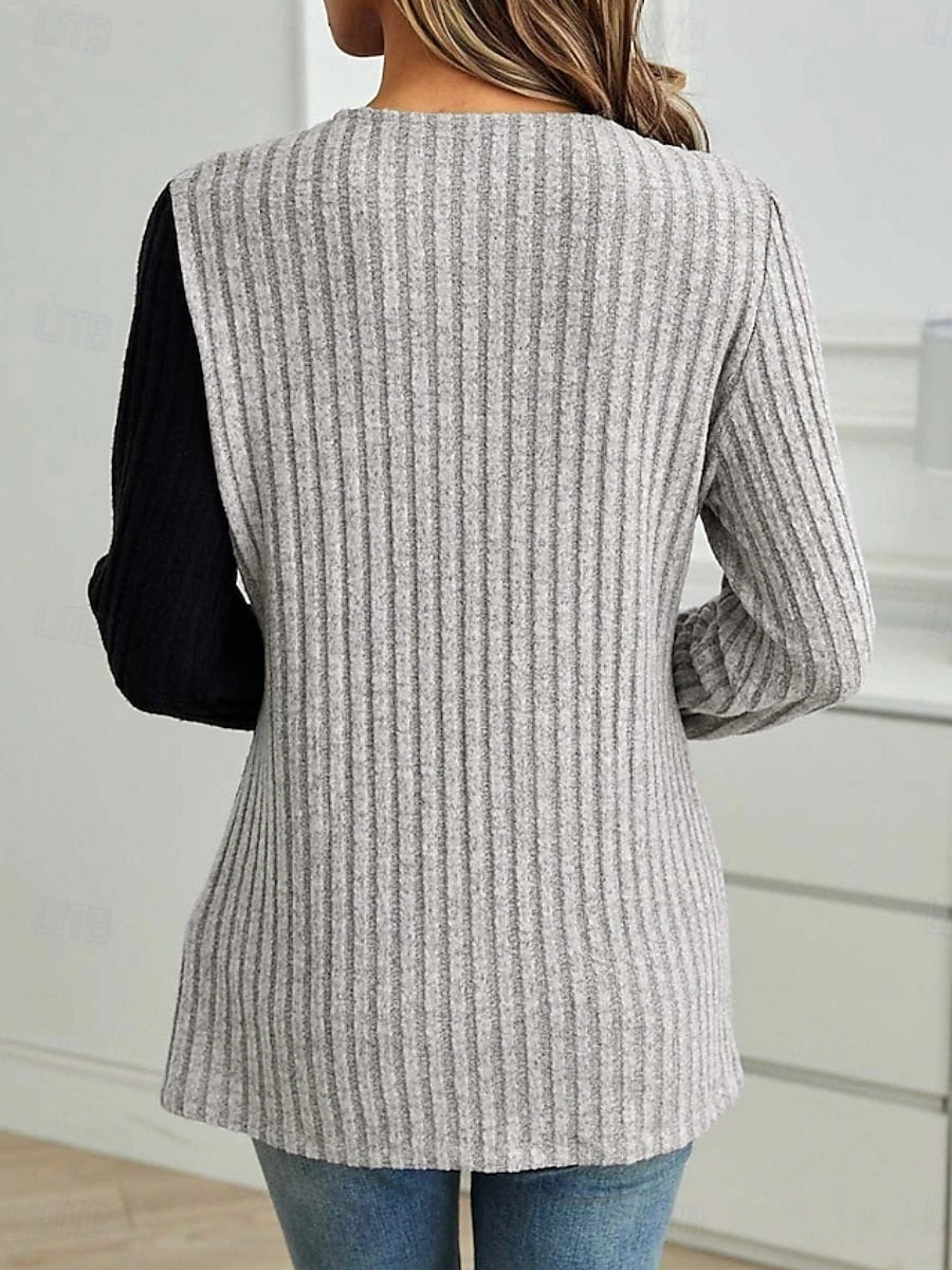 Casual Light Purple Lace Colorblock Ribbed Side Buttons Long Sleeve Blouse