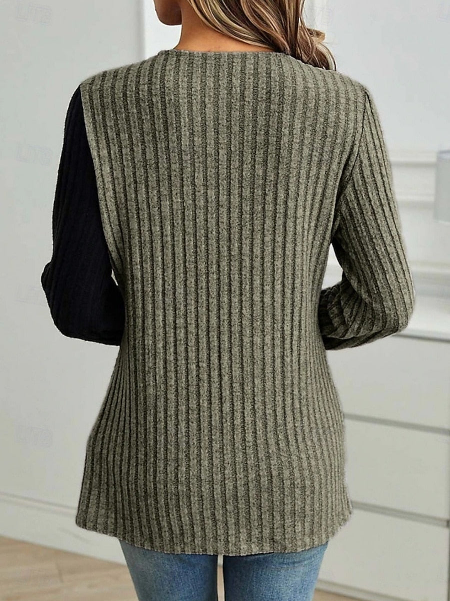 Casual Light Purple Lace Colorblock Ribbed Side Buttons Long Sleeve Blouse